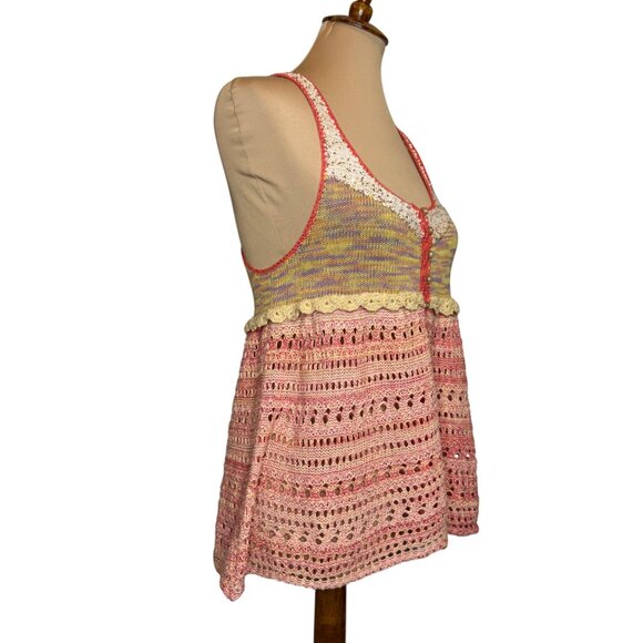 Free People Crochet Knit Tank Top Multicolor Racerback Button Front Stretchy Lig - Picture 2 of 6
